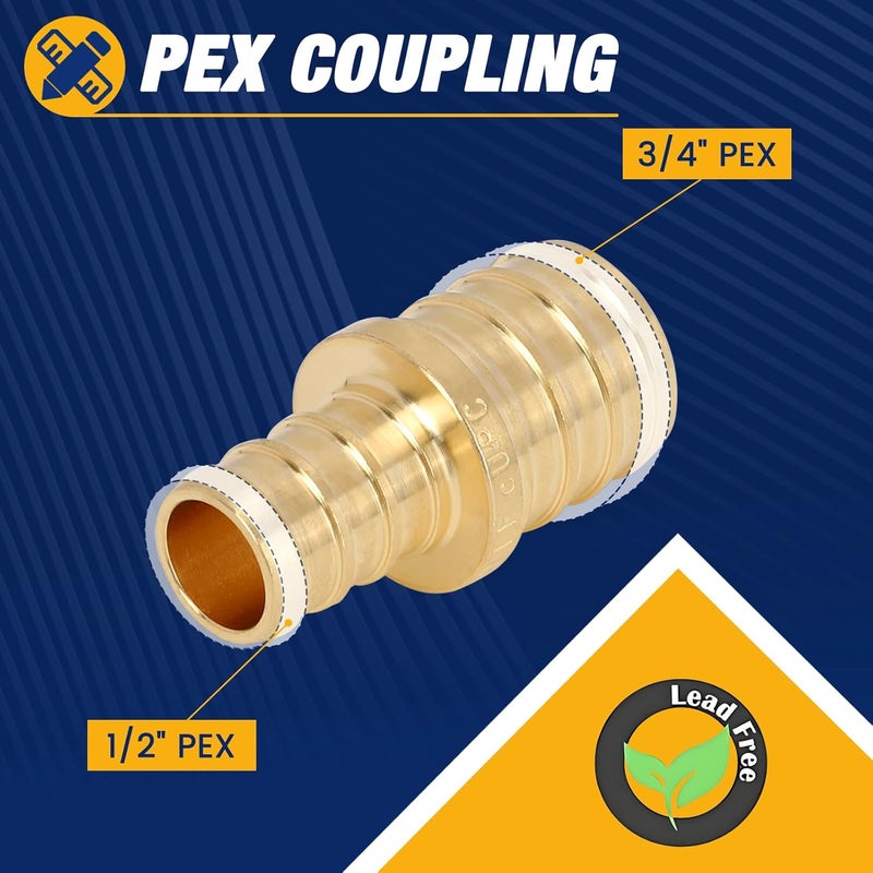 Abbiemo 10PCS Pex Fittings 3/4" x 1/2" Reducer Straight Coupling Brass Barb Crimp Fittings for PEX Pipe NSF Certified Anti-Leak Design ASTM F1807 - Image 2